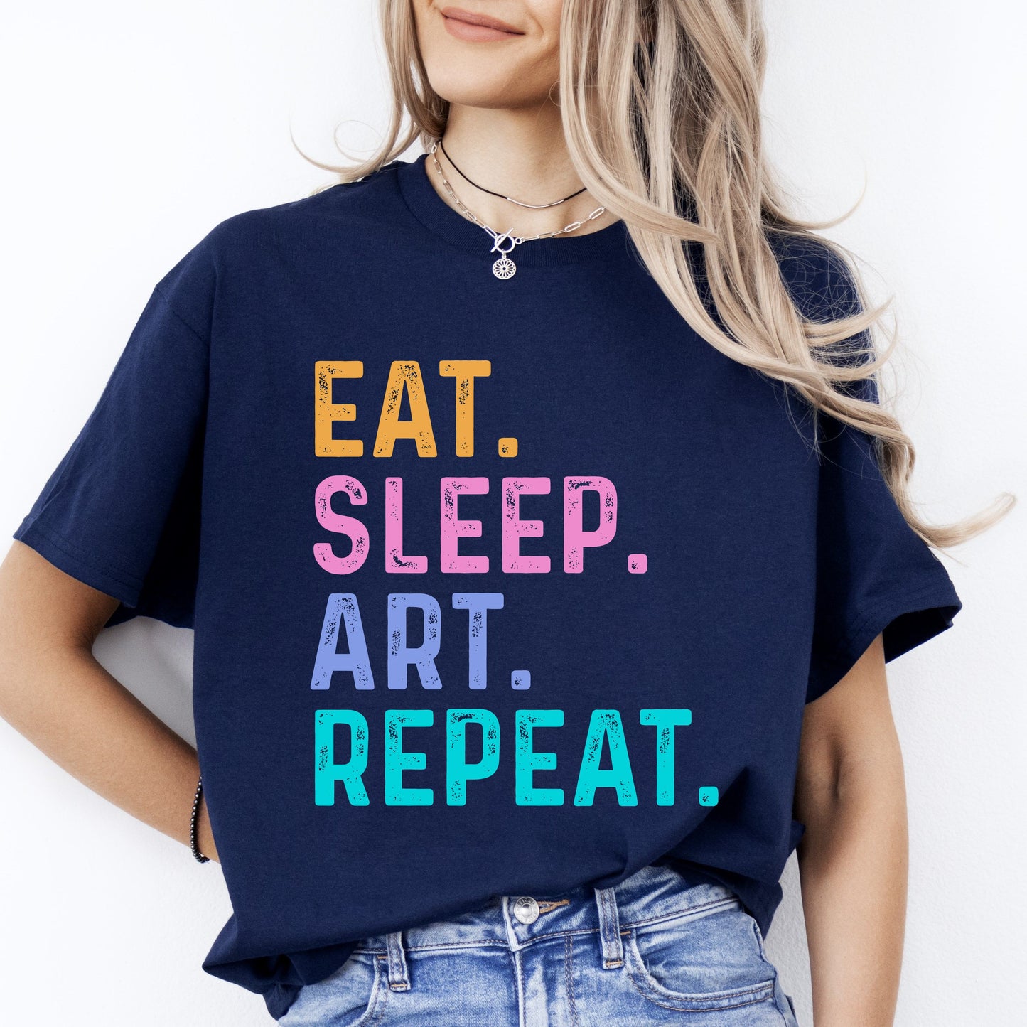 Eat sleep art repeat T-Shirt Artist Art teacher Unisex tee Black Navy Dark Heather-Navy-Family-Gift-Planet