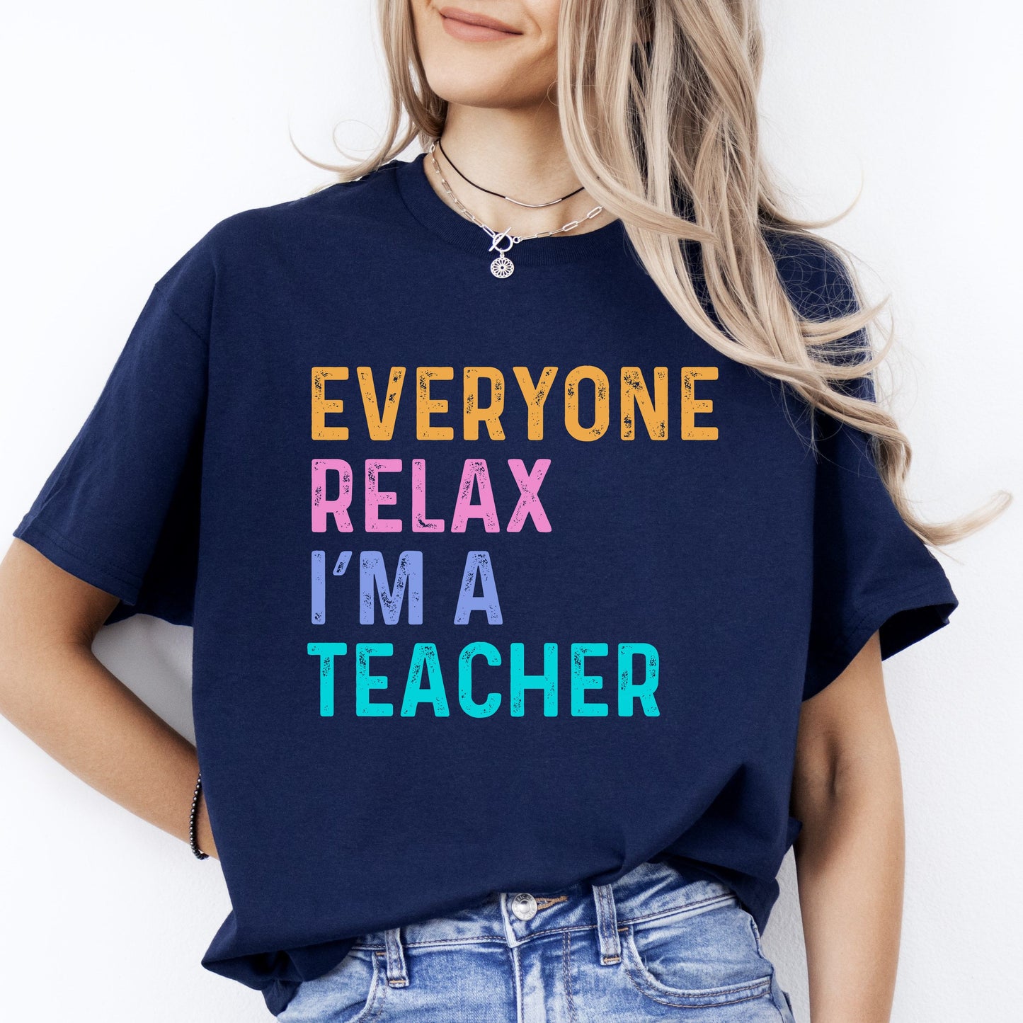 Funny Teacher T-Shirt Everyone relax I'm a teacher Unisex tee Black Navy Dark Heather-Navy-Family-Gift-Planet