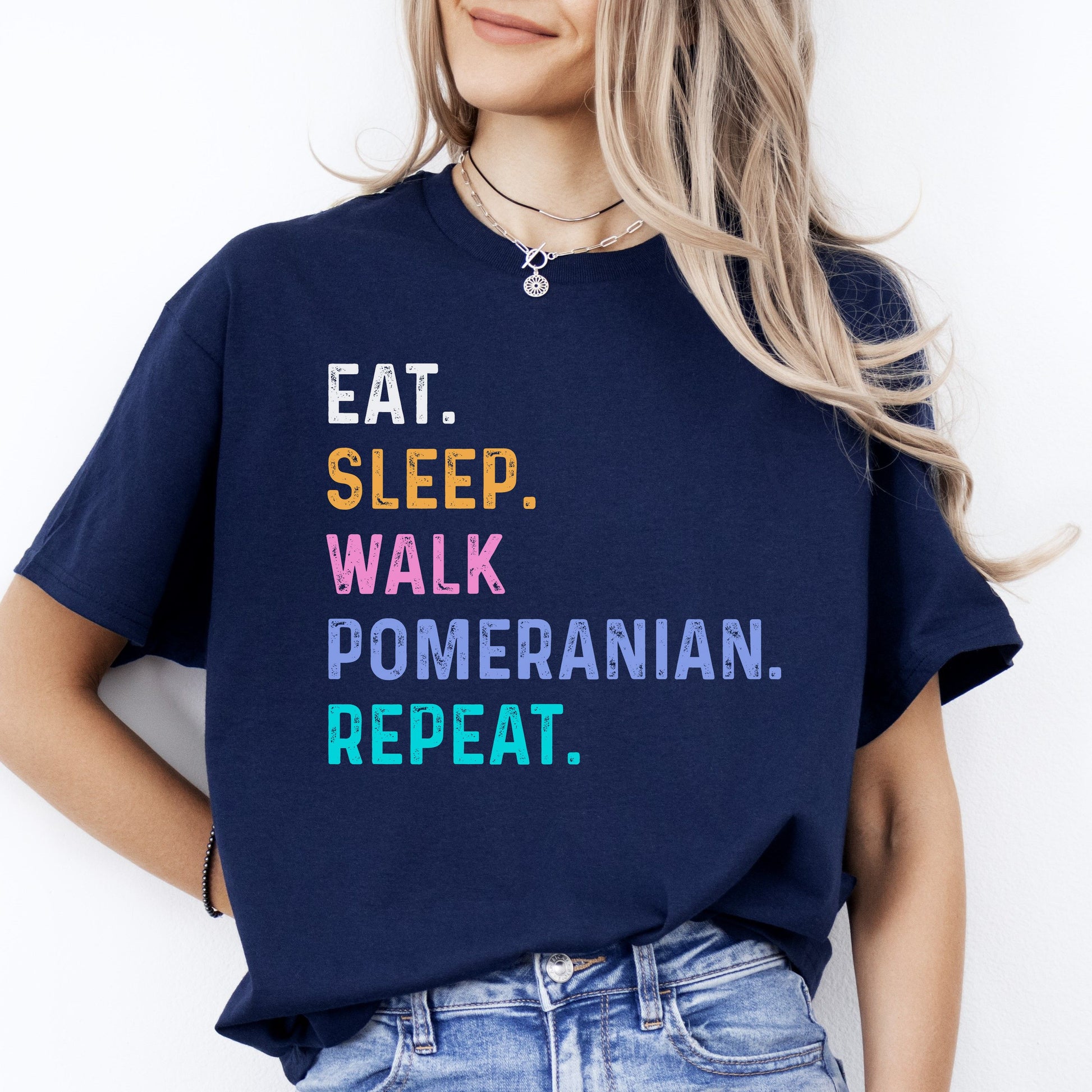 Pomeranian Unisex T-Shirt Eat Sleep Walk Pomeranian Repeat Pomeranian Dog lover gift Pomeranian mom-Navy-Family-Gift-Planet