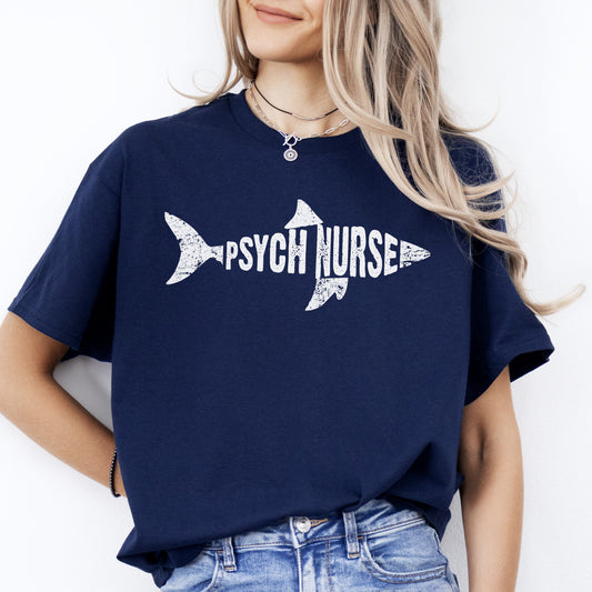 Psych nurse Shark T-Shirt Mental Health Nurse Practitioner Florida Unisex Tee Black Navy Dark Heather-Navy-Family-Gift-Planet