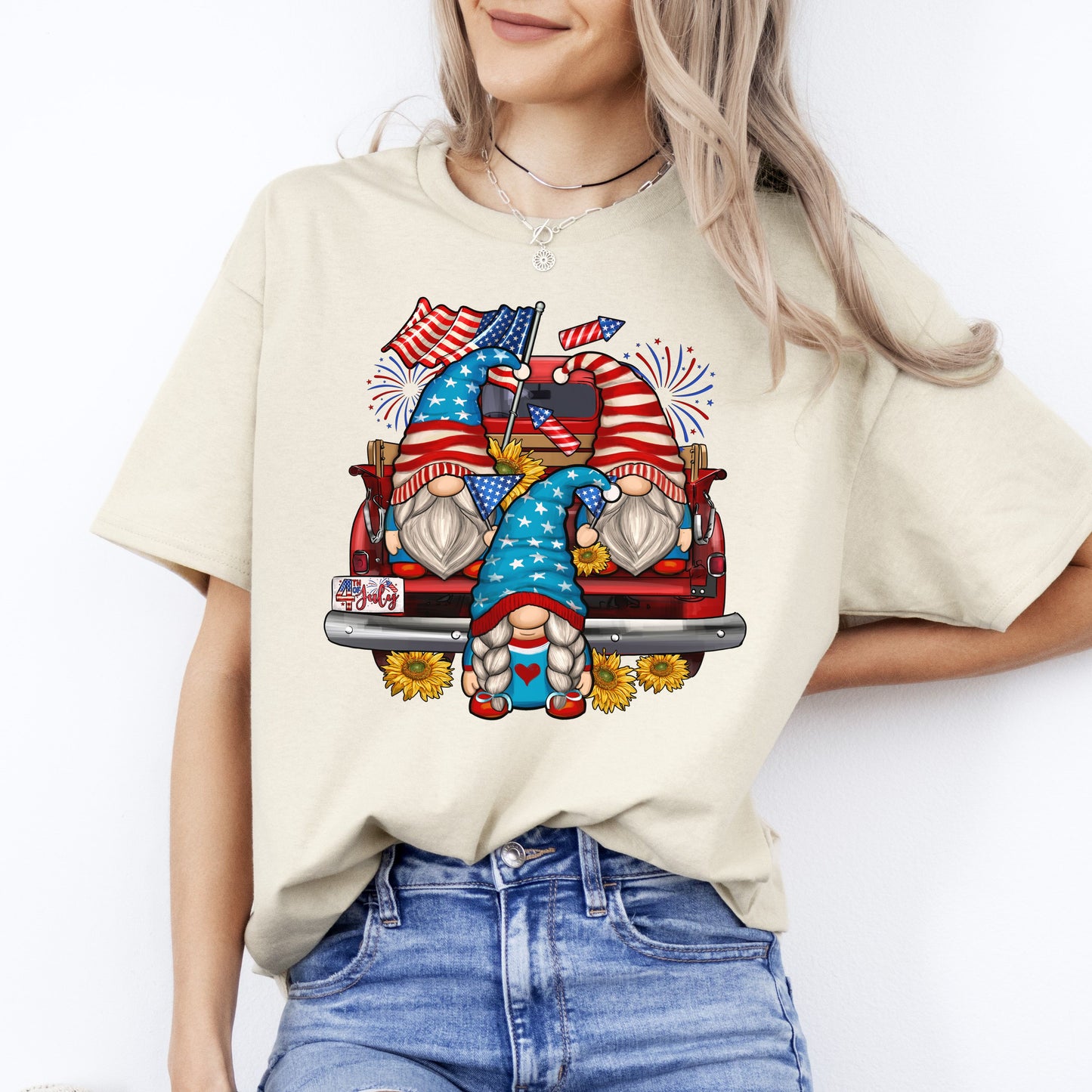 4th of July Gnomes on track T-Shirt USA patriotic independence day Unisex tee White Sand Grey-Sand-Family-Gift-Planet