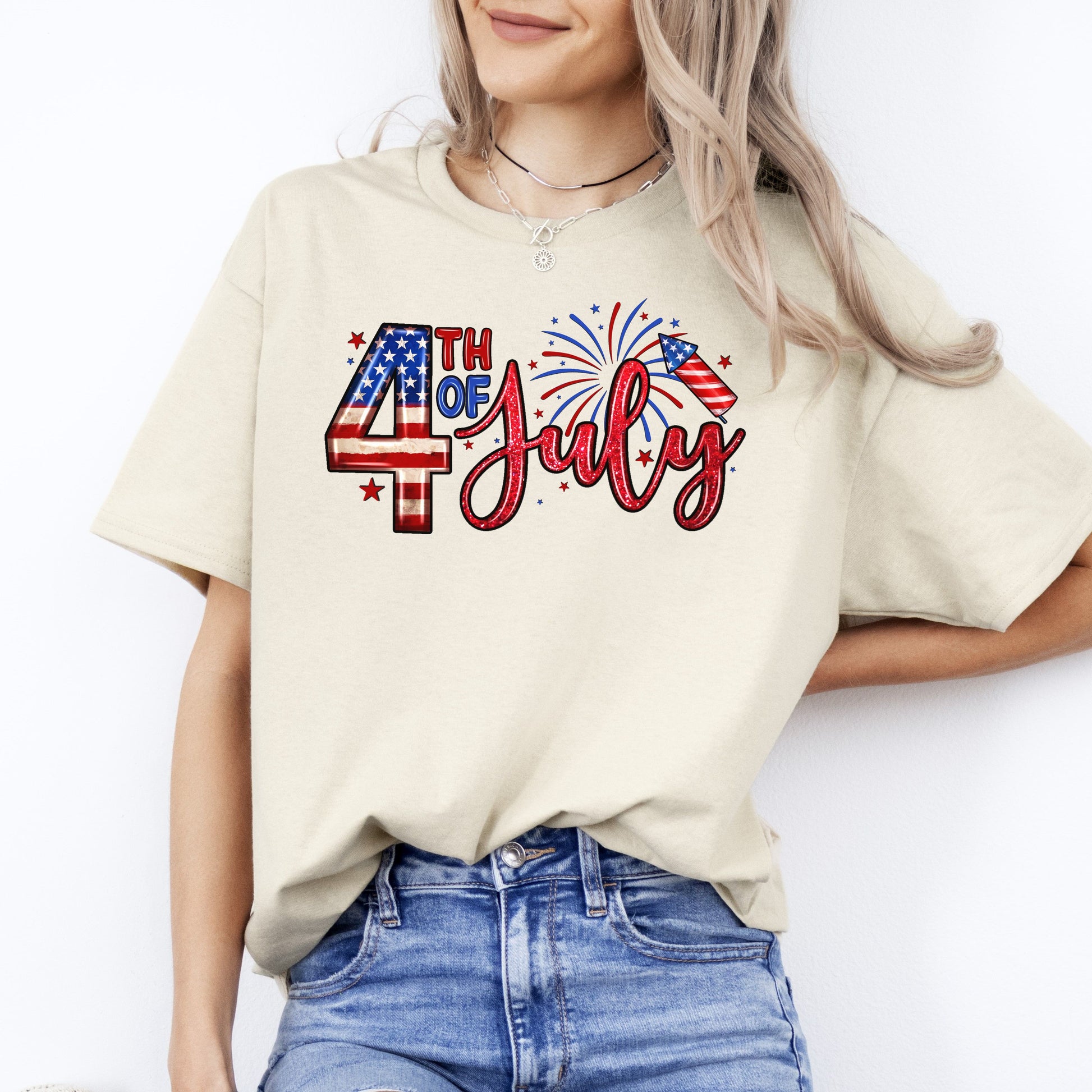 4th of July T-Shirt American flag Fourth of July celebration Unisex tee White Sand Grey-Sand-Family-Gift-Planet