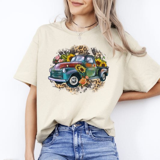 Vintage truck in flowers T-Shirt Western floral car Unisex tee White Sand Grey-Sand-Family-Gift-Planet