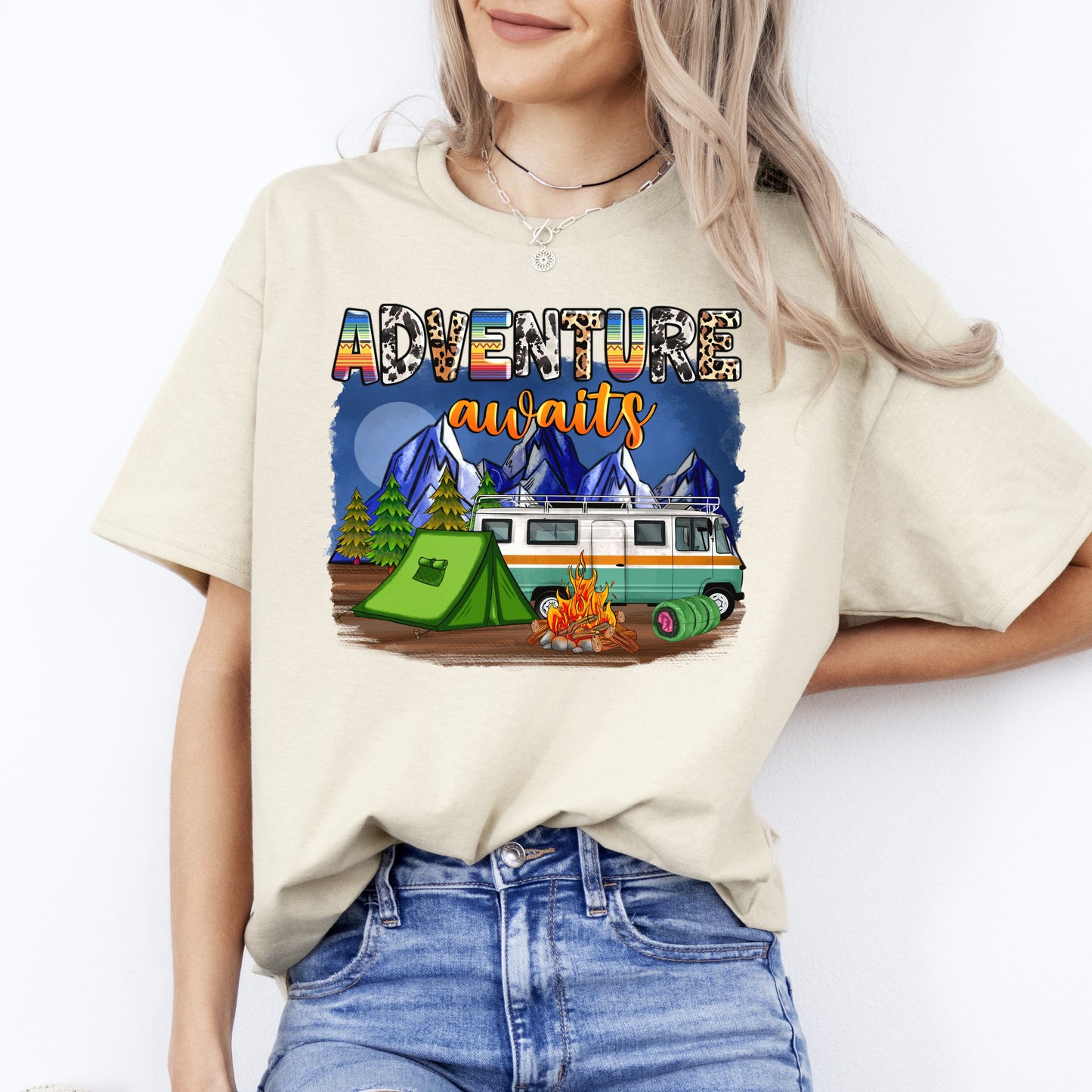 Adventure awaits T-Shirt Camping night tent and bus Unisex tee White Sand Grey-Sand-Family-Gift-Planet