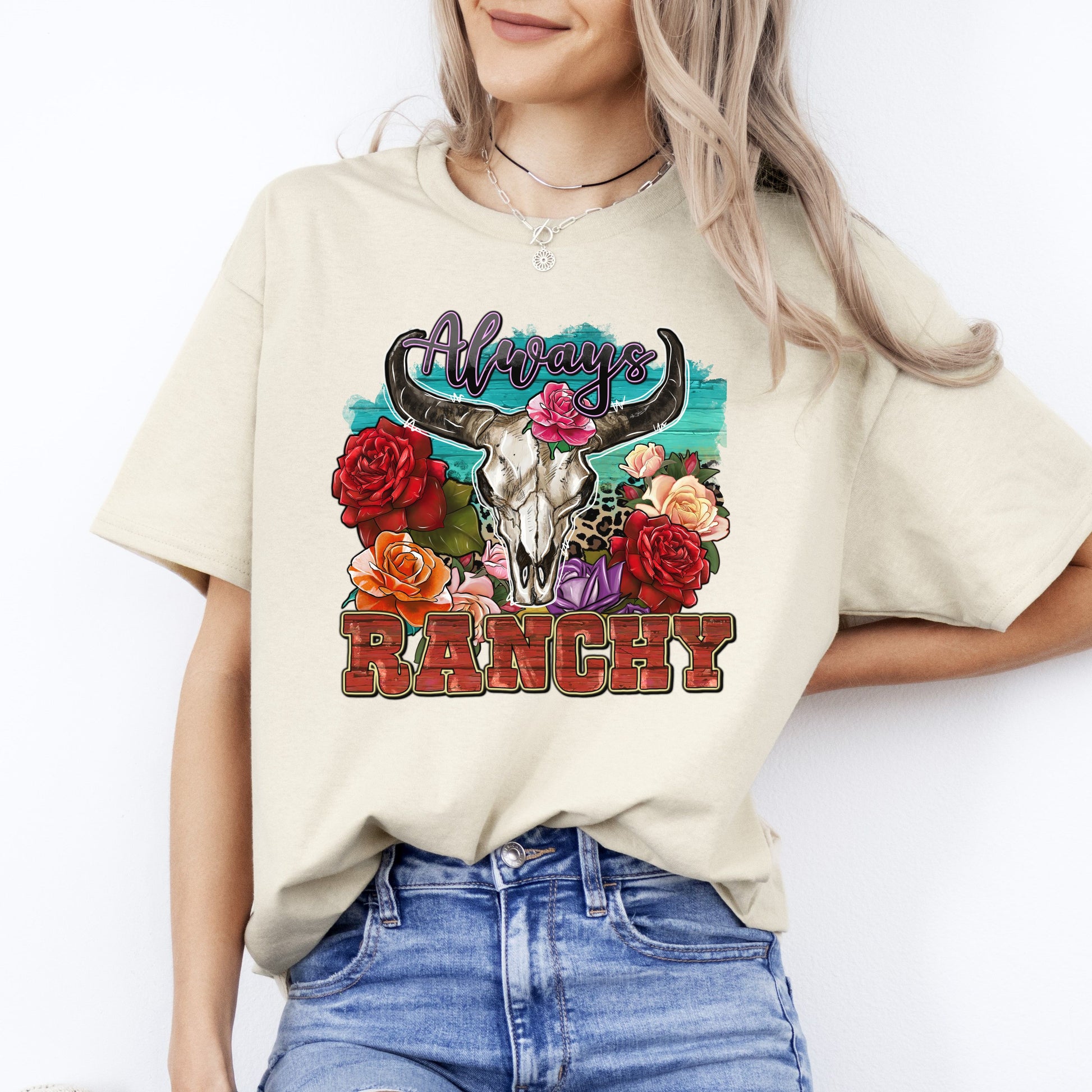 Always Ranchy T-Shirt Texas Western highland cow skull Rancher Unisex tee White Sand Grey-Sand-Family-Gift-Planet