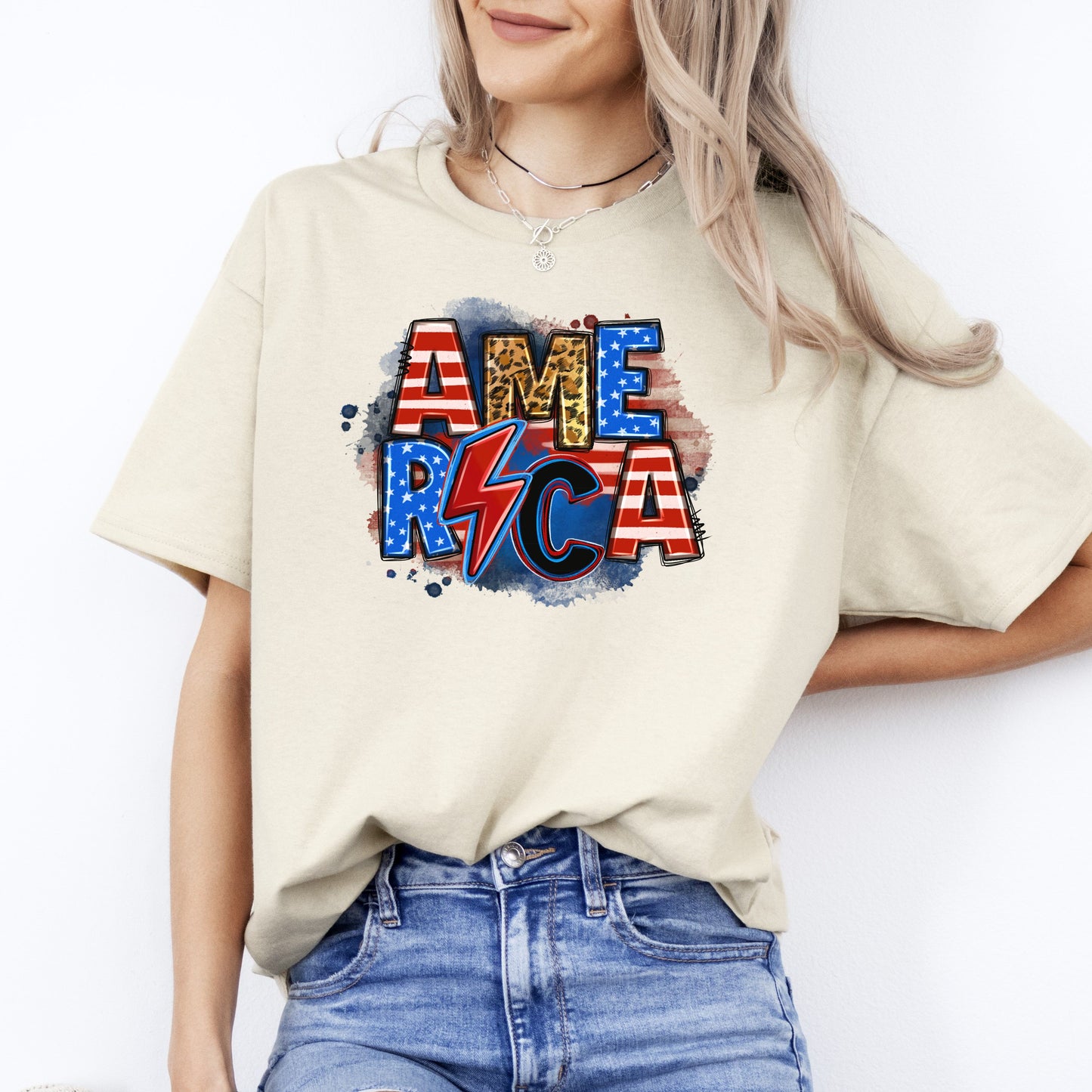 America lightning bolt T-Shirt US flag America July 4th Unisex tee White Sand Grey-Sand-Family-Gift-Planet