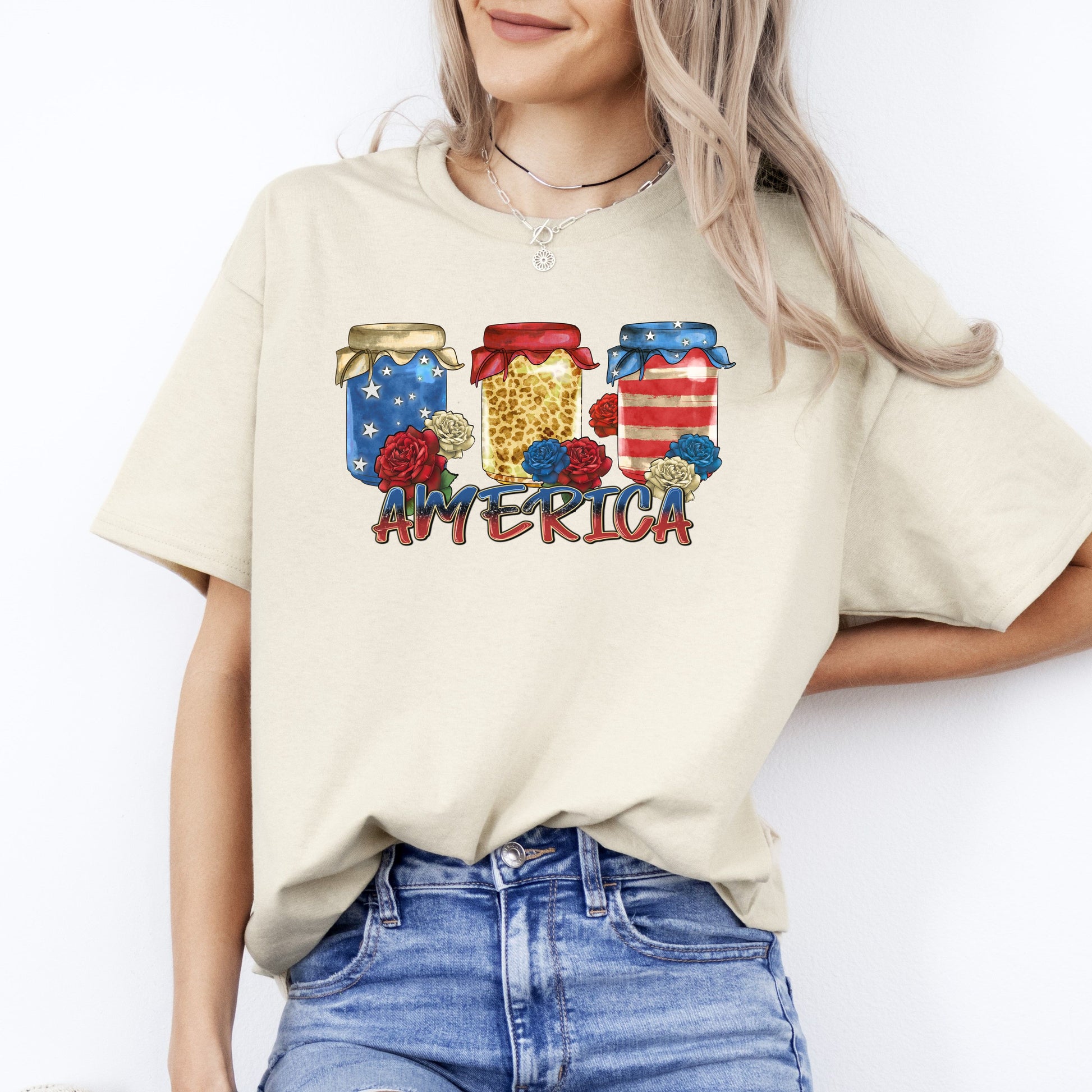 America mason jar T-Shirt Us flag Mason jar Unisex tee White Sand Grey-Sand-Family-Gift-Planet