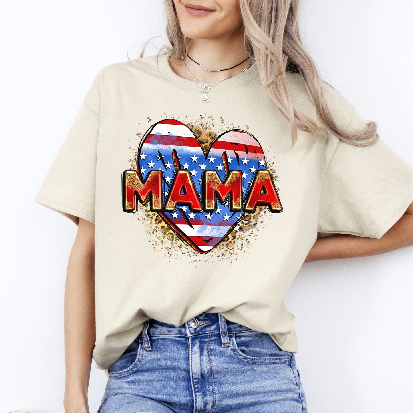 American Mama heart T-Shirt US flag heart mom Unisex tee White Sand Grey-Sand-Family-Gift-Planet