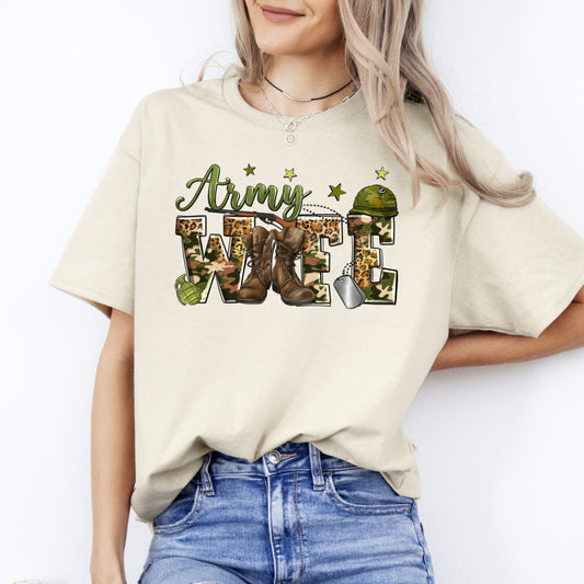 Army Wife T-Shirt Western Leopard skin Military Wife Unisex tee White Sand Grey-Sand-Family-Gift-Planet