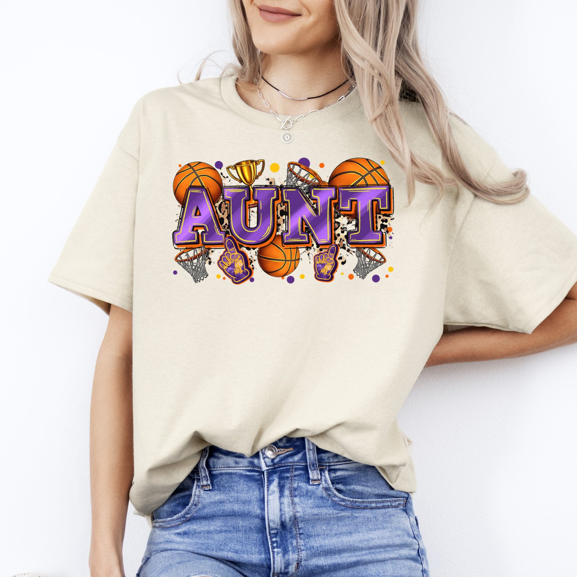 Basketball Aunt T-Shirt Basketball player cheer team auntie Unisex tee Sand White Sport Grey-Sand-Family-Gift-Planet