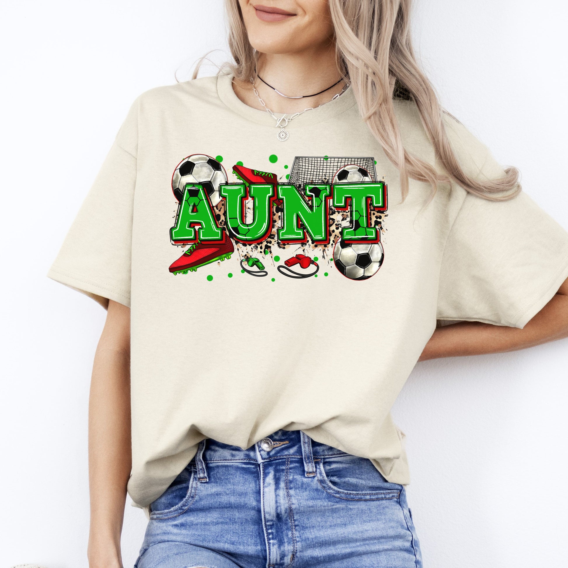 Soccer Aunt T-Shirt soccer player cheer team auntie Unisex tee Sand White Sport Grey-Sand-Family-Gift-Planet