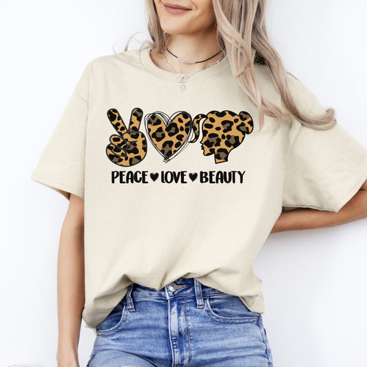 Peace Love Beauty T-Shirt Leopard skin Hairdresser Hair Stylist Unisex Tee Sand White Sport Grey-Sand-Family-Gift-Planet