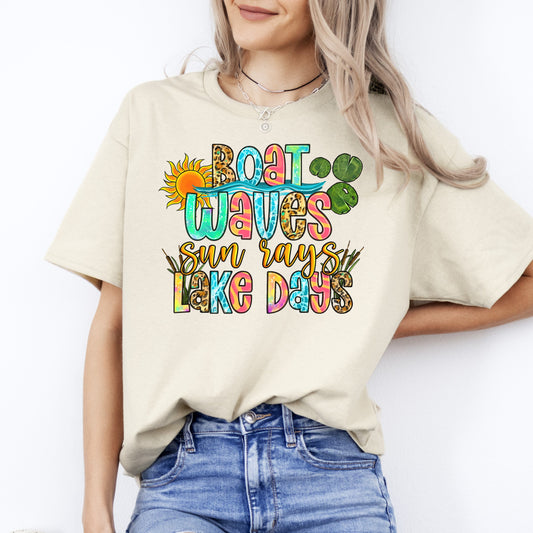 Boat waves sun rays lake days T-Shirt Summer Holiday Unisex tee Sand White Sport Grey-Sand-Family-Gift-Planet