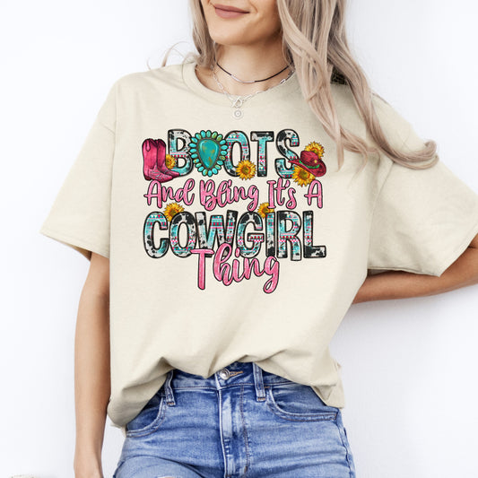 Boots and bling it's a cowgirl thing T-Shirt Texas Western cowgirl Unisex tee Sand White Sport Grey-Sand-Family-Gift-Planet