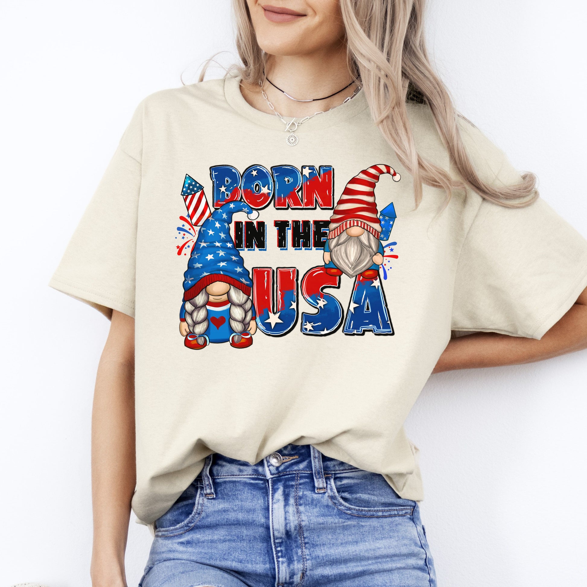 Born in the USA T-Shirt American patriotic July 4th Unisex tee Sand White Sport Grey-Sand-Family-Gift-Planet