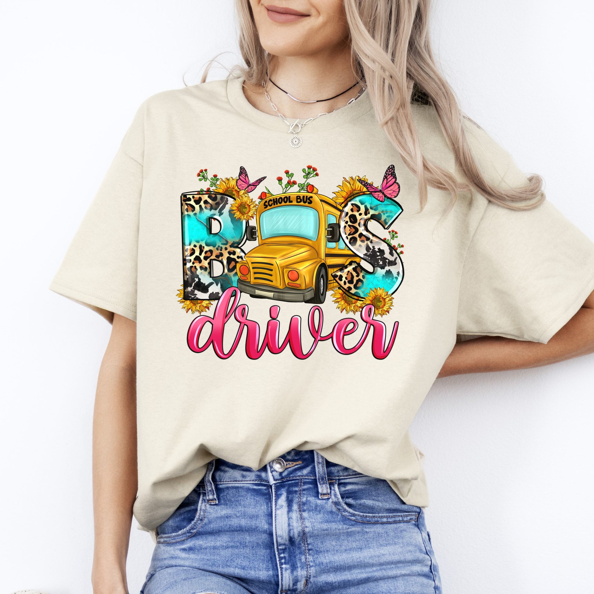 School Bus Driver T-Shirt sunflower leopard skin bus driver Unisex tee White Sand Sport Grey-Sand-Family-Gift-Planet