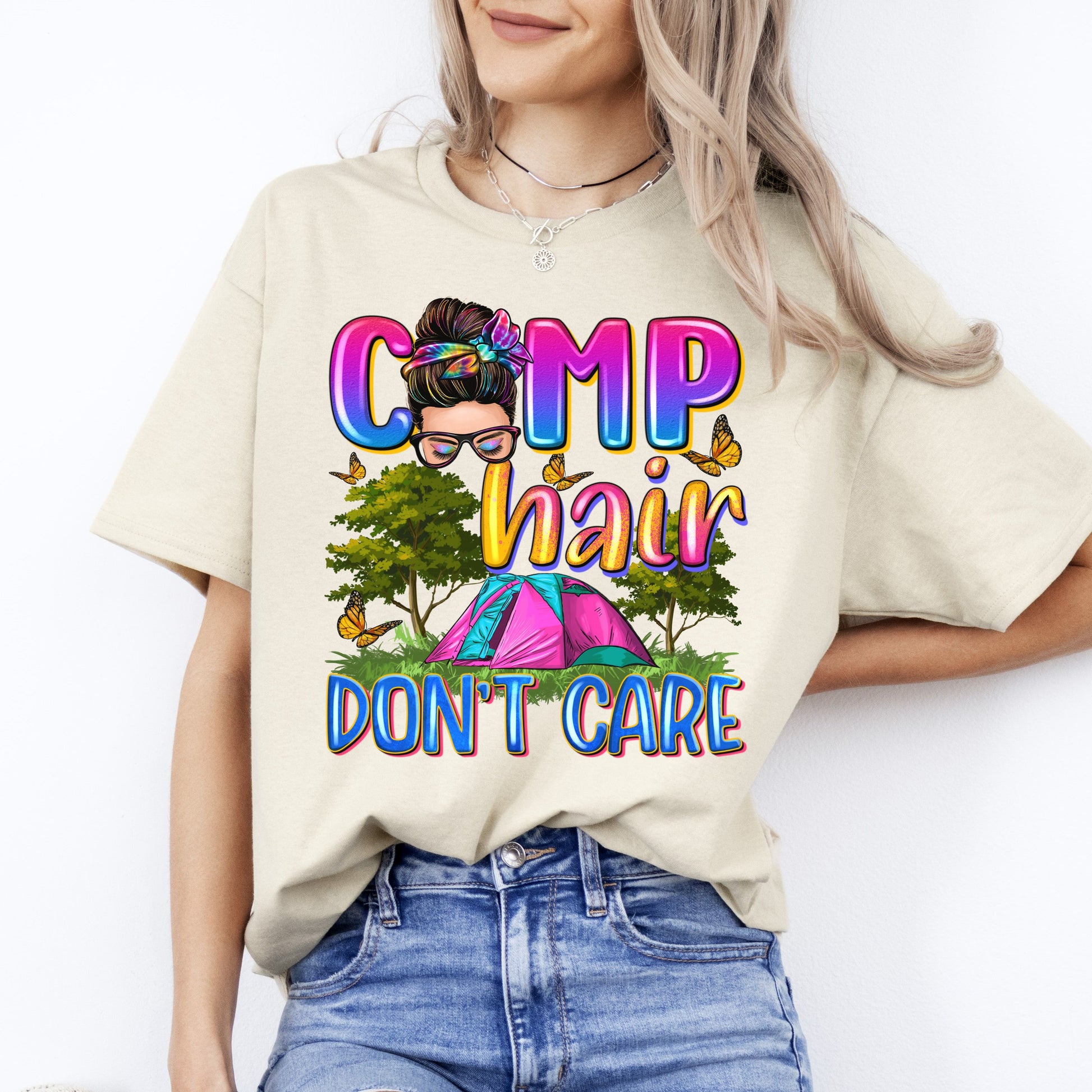 Camp hair don't care T-Shirt Forest Camping site Unisex tee White Sand Sport Grey-Sand-Family-Gift-Planet