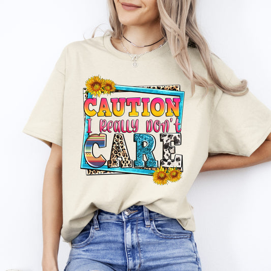 Caution I really dont care T-Shirt Socially awkward Unisex tee White Sand Sport Grey-Sand-Family-Gift-Planet