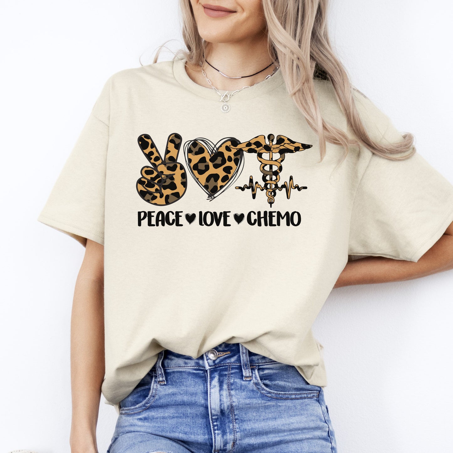 Peace Love Chemo T-Shirt Leopard skin Oncology Chemo nurse squad Unisex Tee Sand White Sport Grey-Sand-Family-Gift-Planet