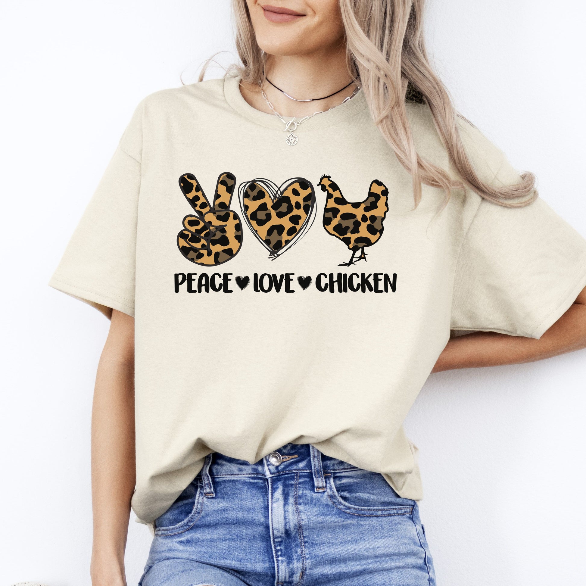 Peace Love Chicken T-Shirt Leopard skin Chicken lover farmer Unisex Tee Sand White Sport Grey-Sand-Family-Gift-Planet