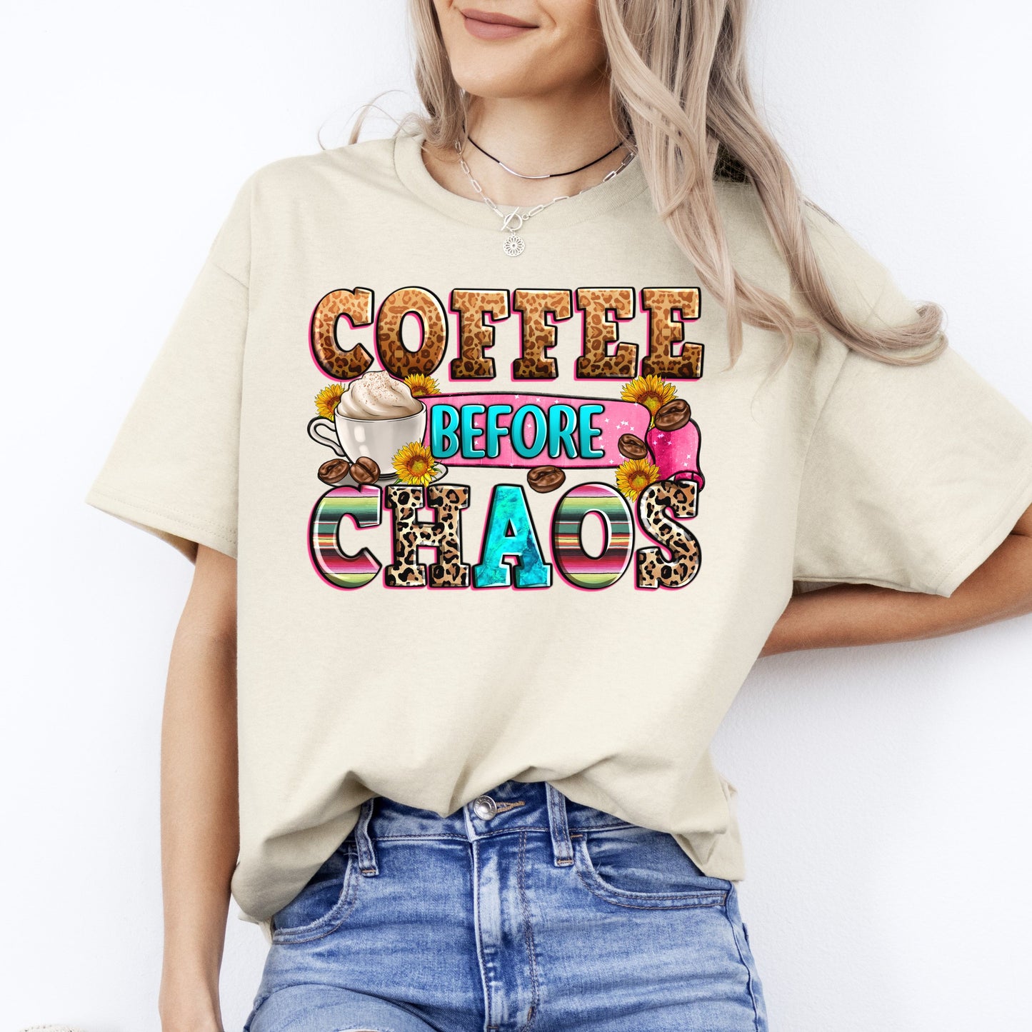 Coffee before chaos T-Shirt Hustle Mom of three Morning coffee Unisex tee White Sand Sport Grey-Sand-Family-Gift-Planet