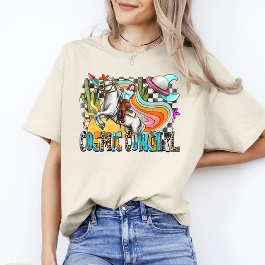 Cosmic cowgirl T-Shirt Alien Texas Western horse cowgirl Unisex tee White Sand Sport Grey-Sand-Family-Gift-Planet