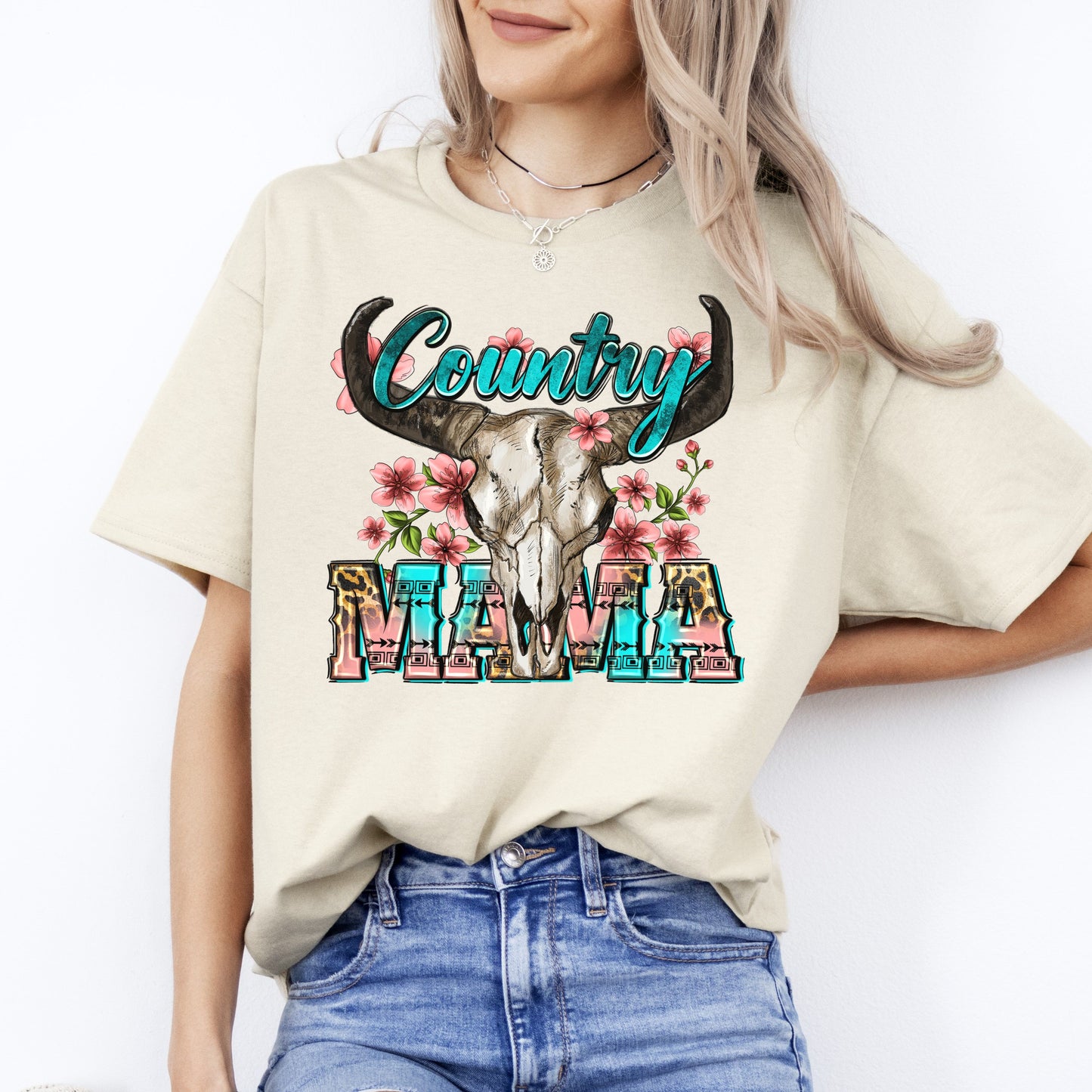 Country Mama T-Shirt Texas Western Mom buffalo skull Unisex tee White Sand Sport Grey-Sand-Family-Gift-Planet