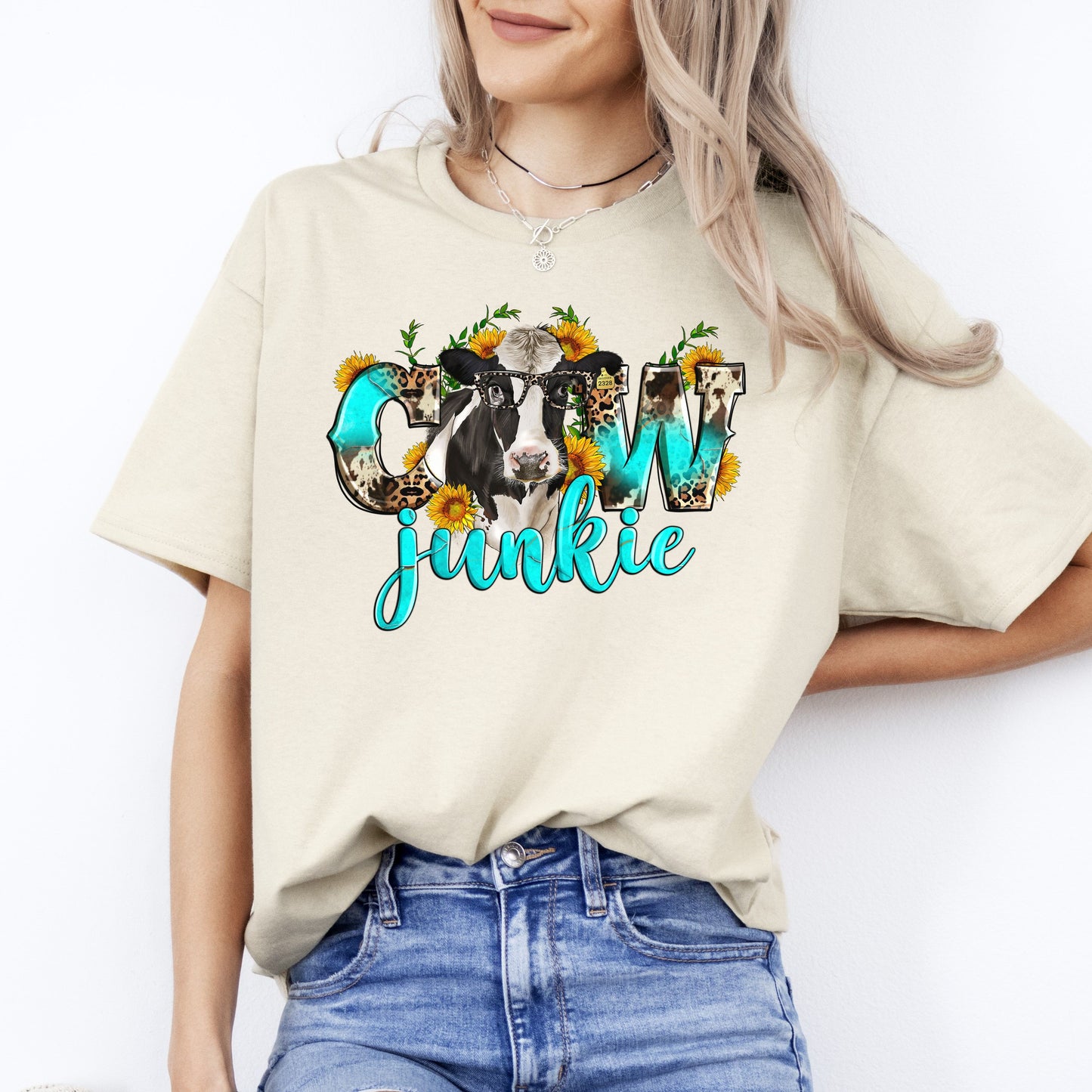 Cow junkie T-Shirt Farm cow lover sunflower Western Unisex tee White Sand Sport Grey-Sand-Family-Gift-Planet