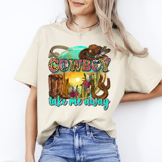 Cowboy take me away T-Shirt Texas Western boots cactus hat Unisex tee White Sand Sport Grey-Sand-Family-Gift-Planet