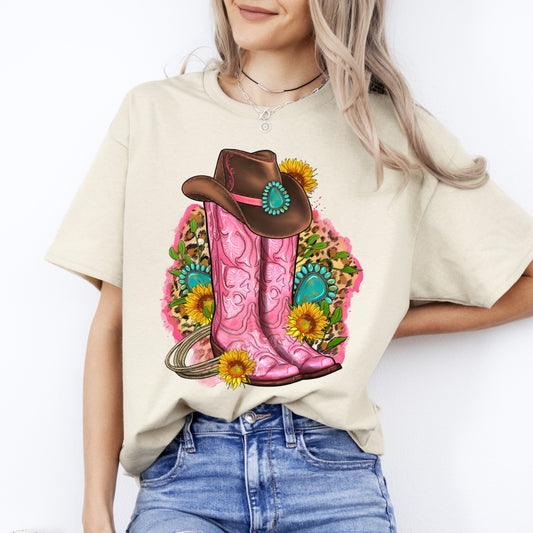 Cowgirl boots T-Shirt Western cowgirl leopard skin boots Unisex tee White Sand Sport Grey-Sand-Family-Gift-Planet