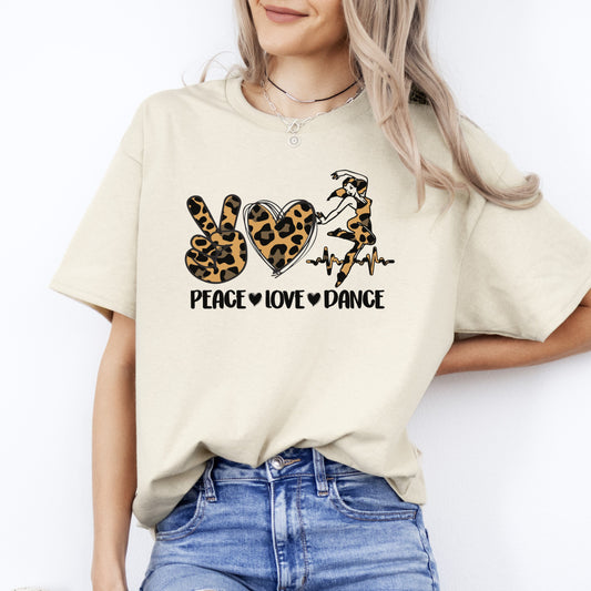 Peace Love Dance T-Shirt Leopard skin Dancer Dance Teacher Unisex Tee Sand White Sport Grey-Sand-Family-Gift-Planet