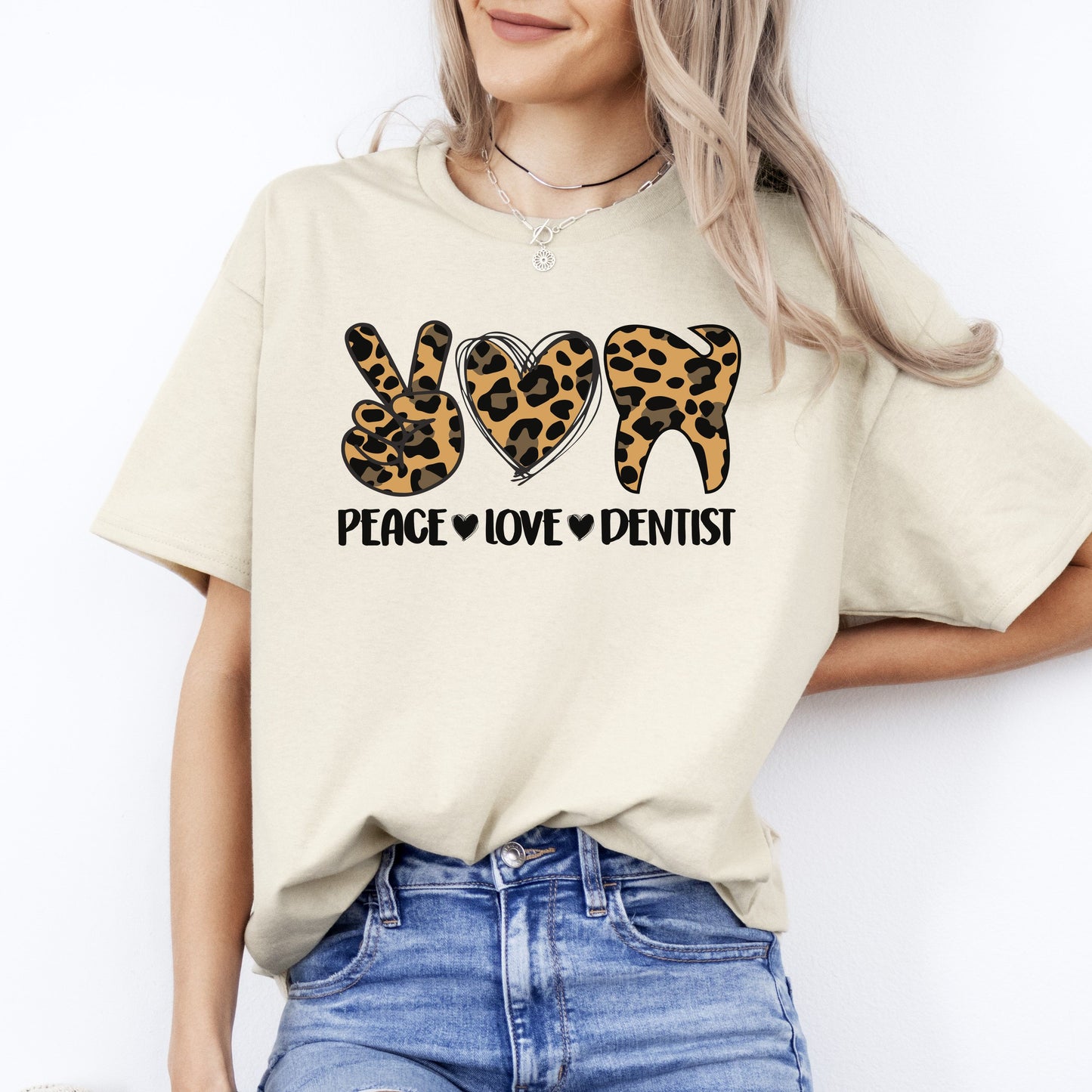 Peace Love Dentist T-Shirt Leopard skin Orthodontist Dental squad Unisex Tee Sand White Sport Grey-Sand-Family-Gift-Planet