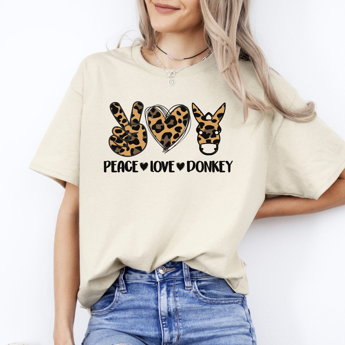 Peace Love Donkey T-Shirt Leopard skin Donkey lover Farmer Unisex Tee Sand White Sport Grey-Sand-Family-Gift-Planet