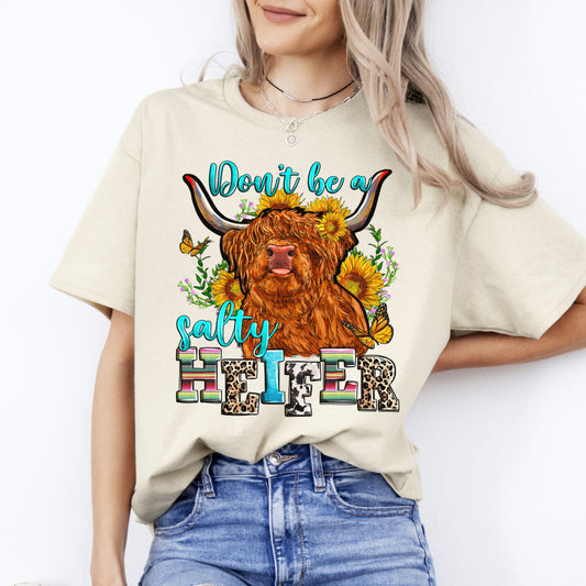 Don't be a salty heifer T-Shirt gift cute Highland cow sunflower butterfly Unisex Tee Sand White Sport Grey-Sand-Family-Gift-Planet