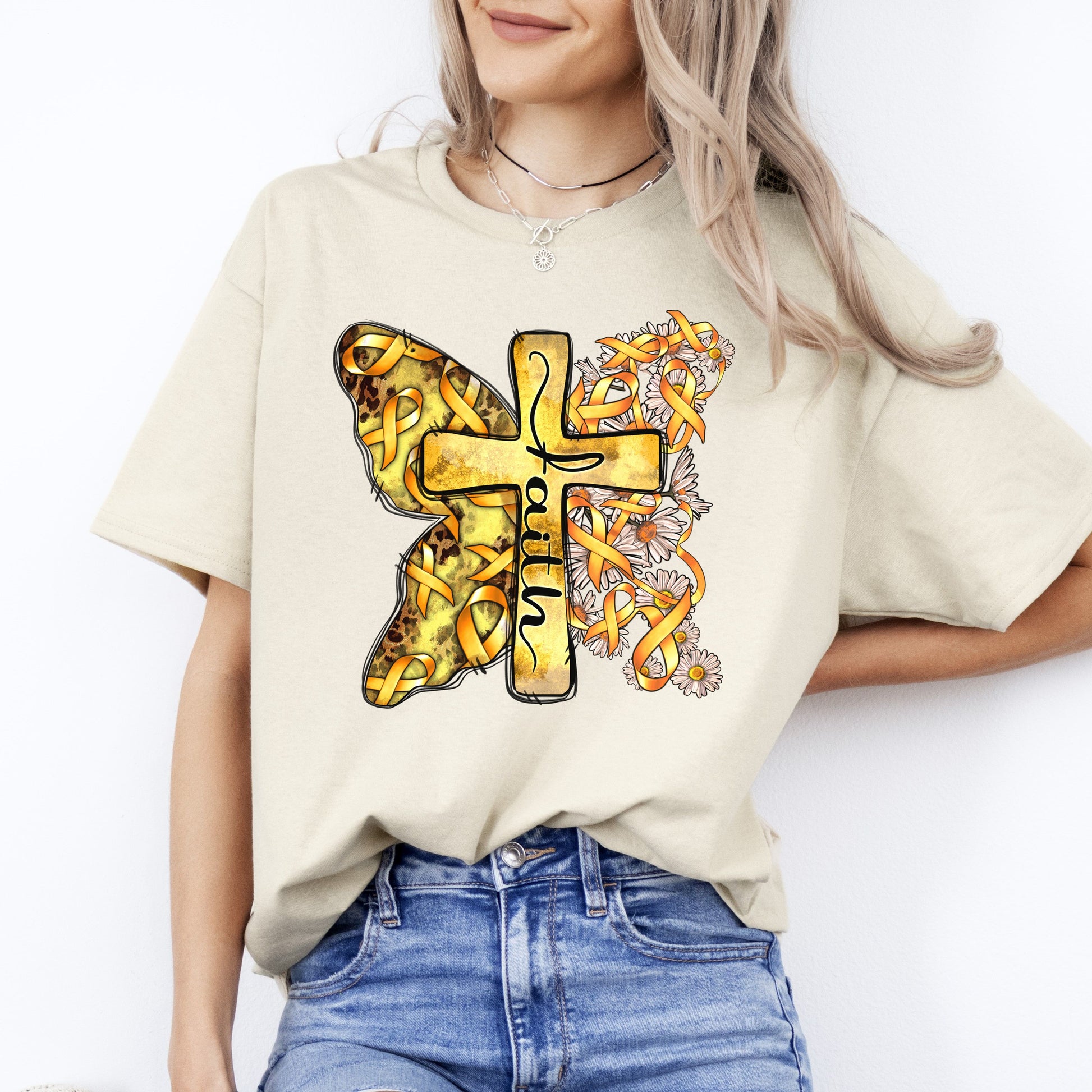 Faith child cancer cross T-Shirt gift gold ribbon child cancer awareness cross Tee Sand White Sport Grey-Sand-Family-Gift-Planet