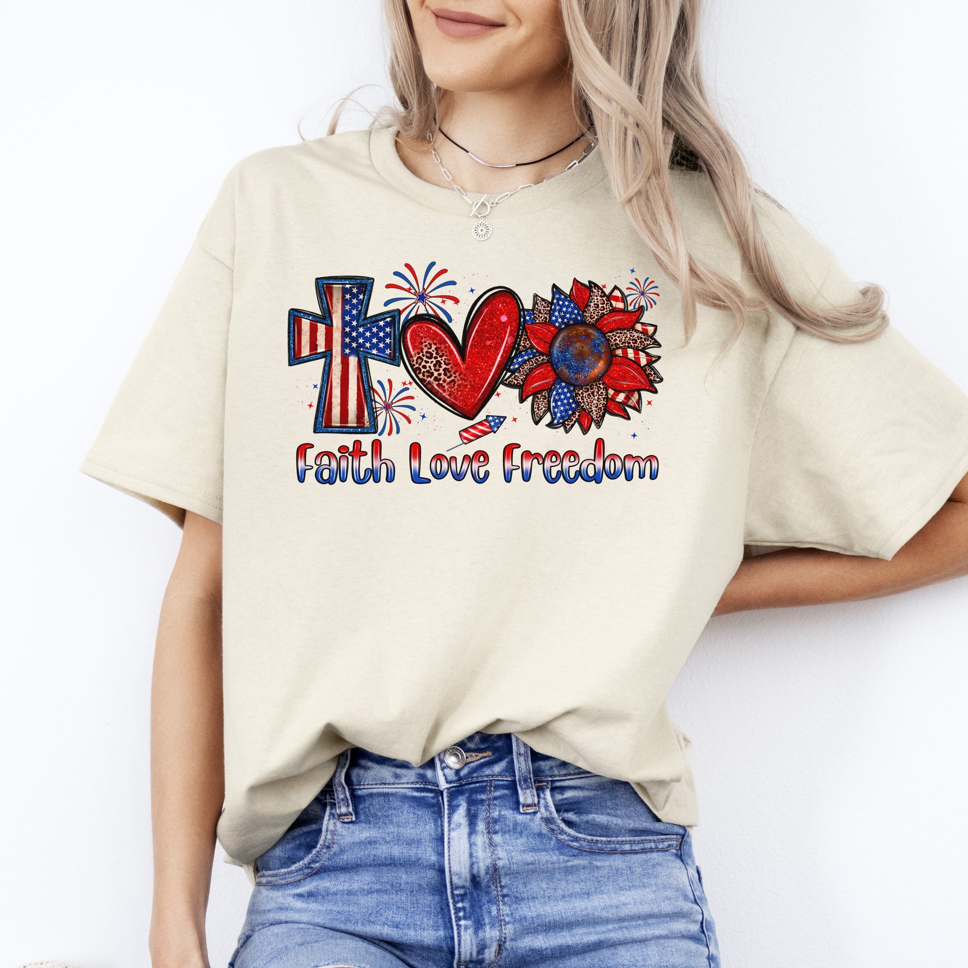 Faith love freedom T-Shirt gift America July 4th Cross Heart Sunflower Tee Sand White Sport Grey-Sand-Family-Gift-Planet