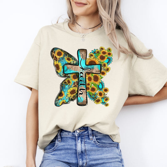 Faith sunflower cross T-Shirt Butterfly Christian faith cross Unisex Tee Sand White Sport Grey-Sand-Family-Gift-Planet