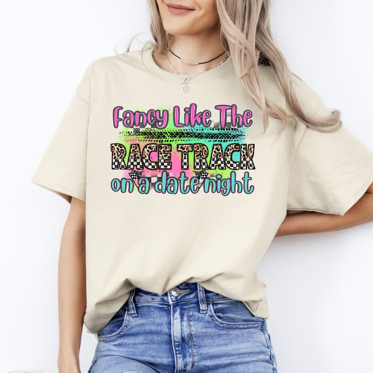 Fancy like the race track on a date night T-Shirt gift Dirt track racing race day Unisex tee Sand White Sport Grey-Sand-Family-Gift-Planet