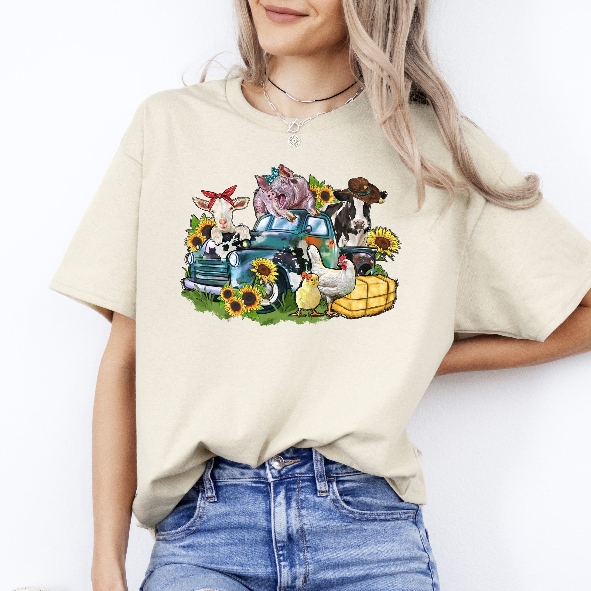 Farm animals truck T-Shirt gift Sunflower cow gig chick goat Farmer Unisex tee Sand White Sport Grey-Sand-Family-Gift-Planet