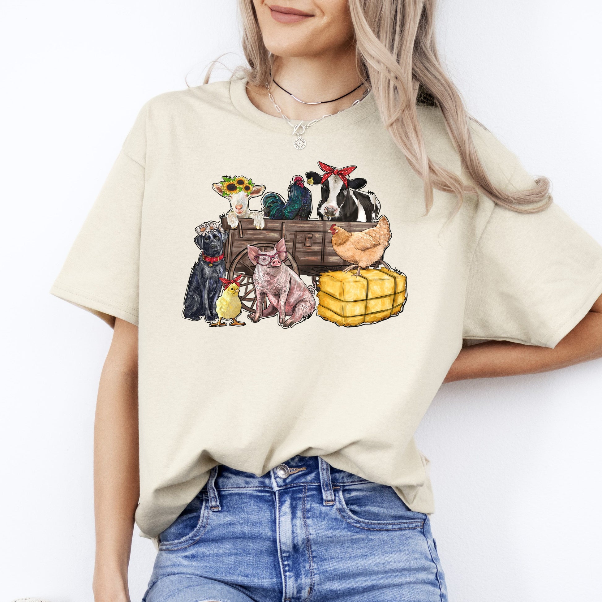 Farm animals wagon T-Shirt gift Dog goat cow pig farm owner Unisex tee Sand White Sport Grey-Sand-Family-Gift-Planet