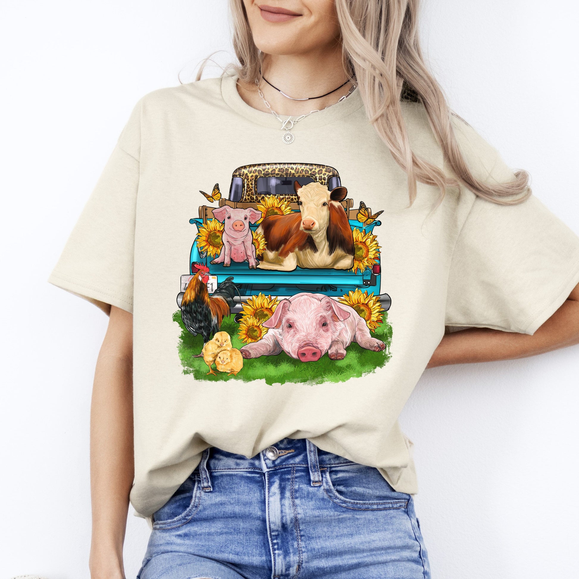 Farm truck animals T-Shirt gift Sunflower farmer old truck cow pig chick Unisex tee Sand White Sport Grey-Sand-Family-Gift-Planet