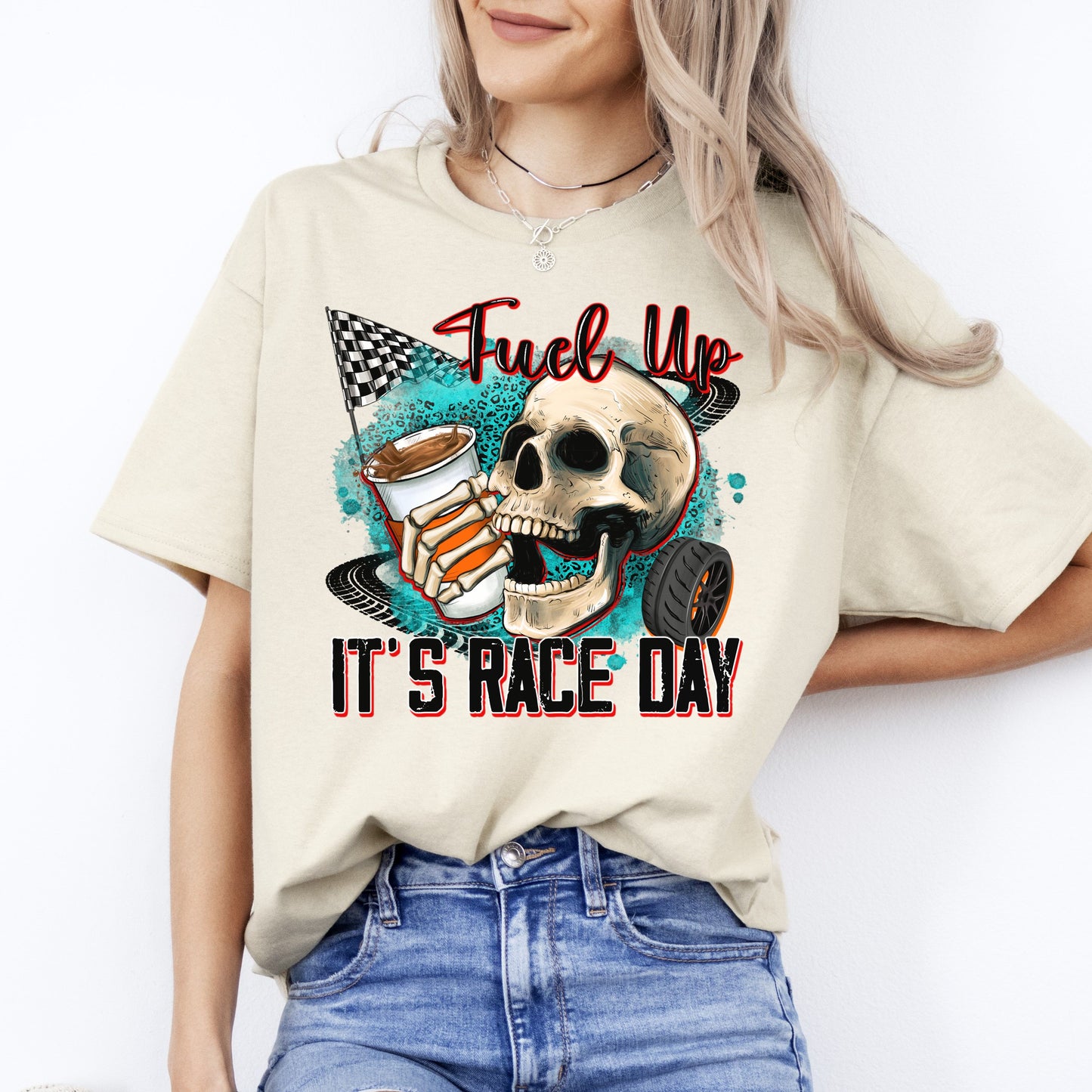 Fuel up its race day T-Shirt gift Skull coffee racer racing girl Unisex tee Sand White Sport Grey-Sand-Family-Gift-Planet