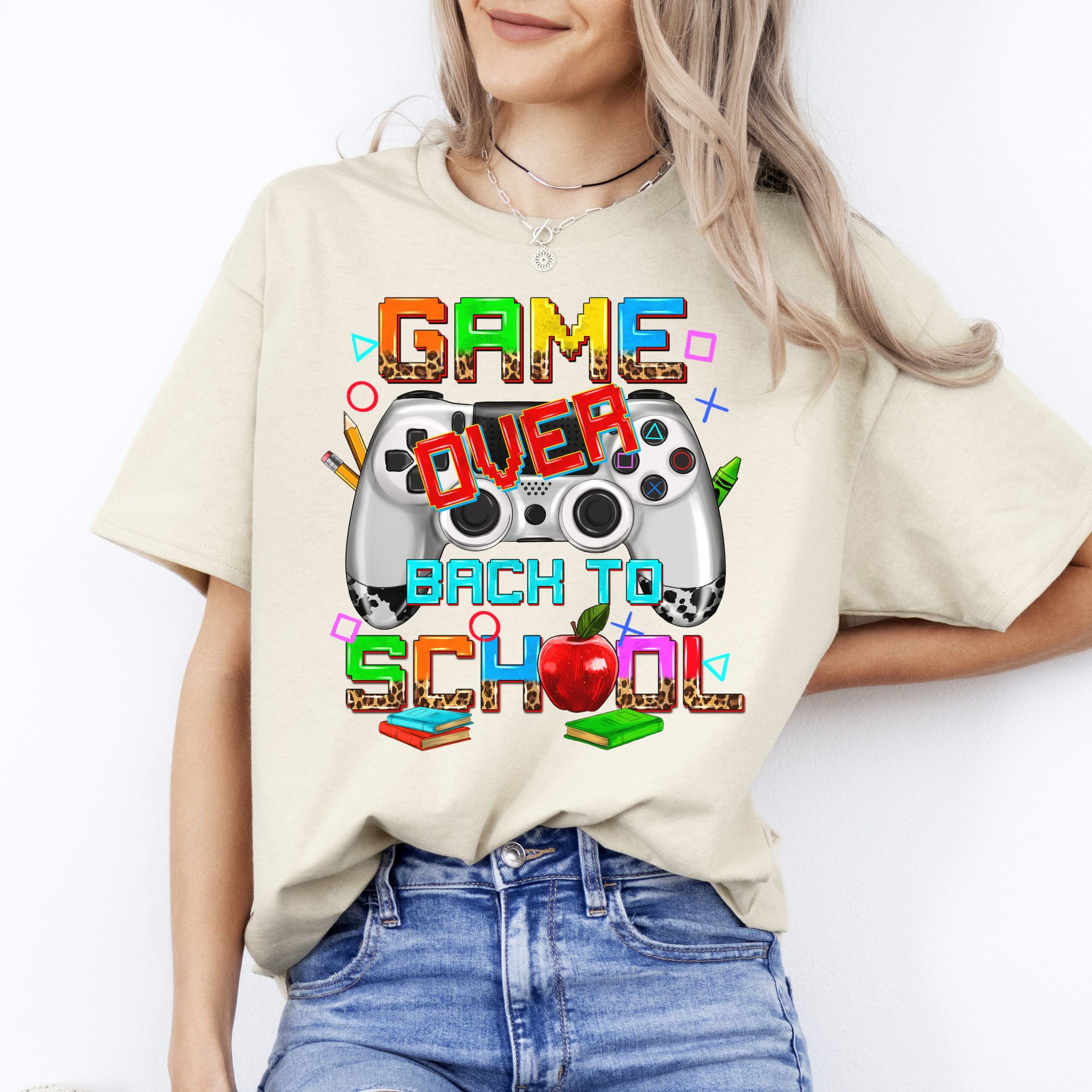 Back to school teacher T-Shirt gift Game over back to school game console Unisex tee Sand White Sport Grey-Sand-Family-Gift-Planet