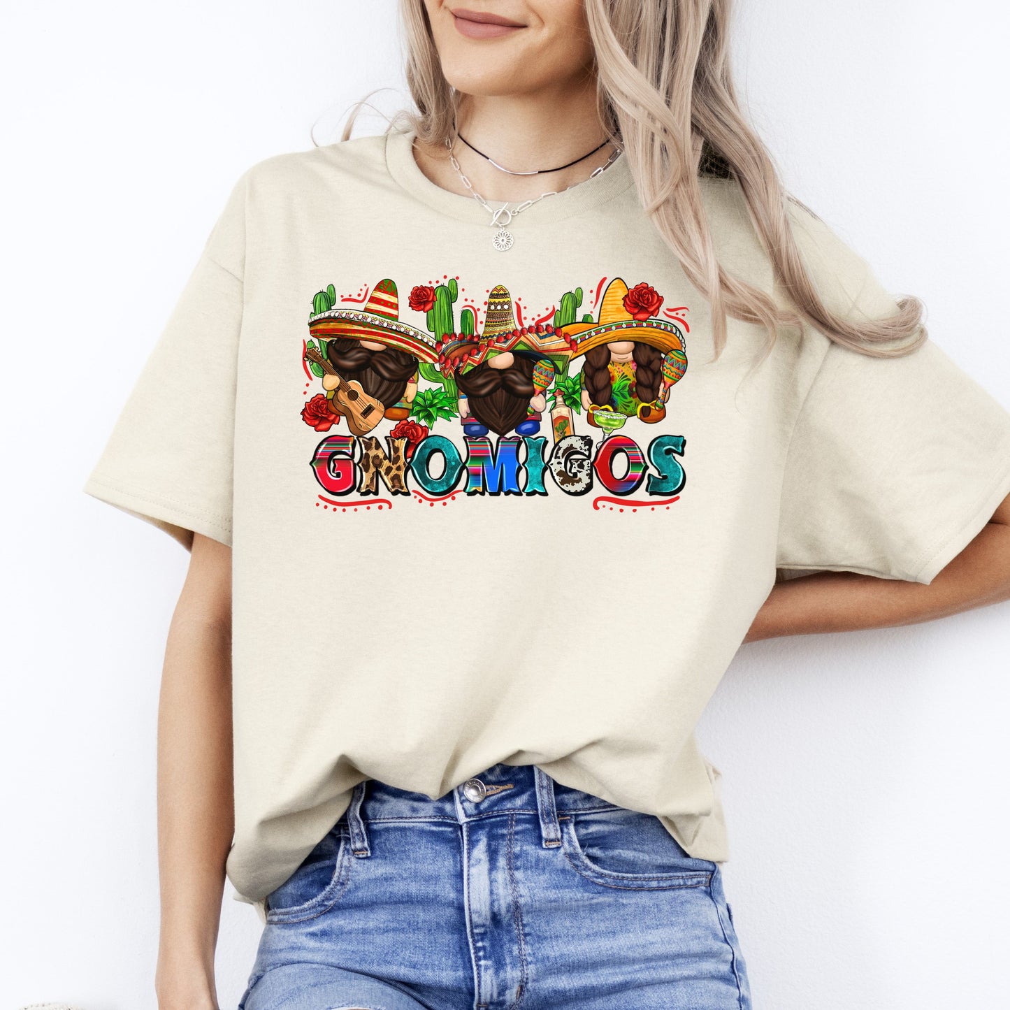 Gnomigos T-Shirt gift Three Mexican Gnomes Cinco de mayo Unisex tee Sand White Sport Grey-Sand-Family-Gift-Planet