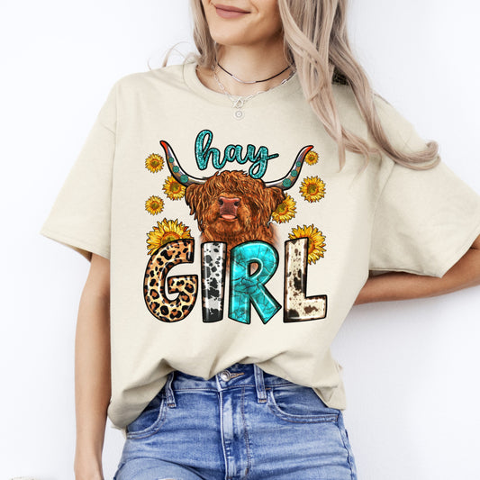 Hay girl T-Shirt gift Western Sunflower highland cow Texas girl Unisex tee Sand White Sport Grey-Sand-Family-Gift-Planet