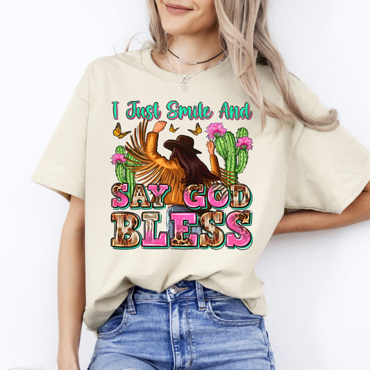 Western girl T-Shirt I just smile and say God bless Unisex Tee Sand White Sport Grey-Sand-Family-Gift-Planet