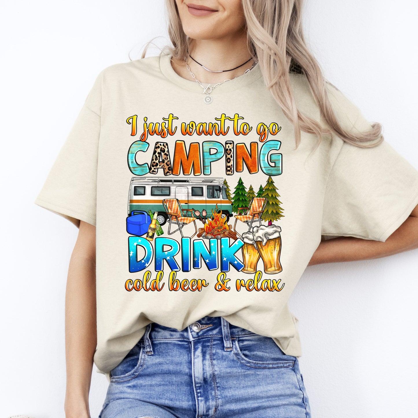 I just want to go camping T-Shirt cold beer camper Unisex Tee Sand White Sport Grey-Sand-Family-Gift-Planet