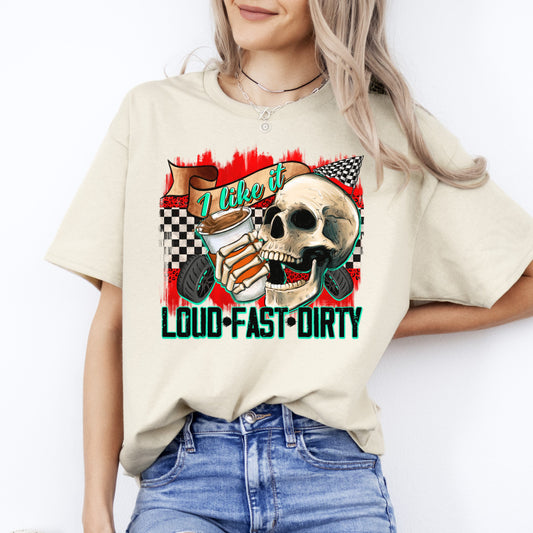 Funny Racer T-Shirt Race Skull I like it loud fast dirty Racing day Unisex Tee Sand White Sport Grey-Sand-Family-Gift-Planet