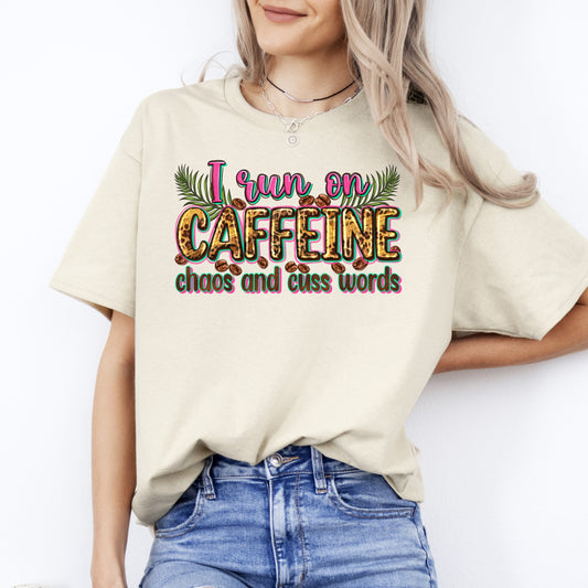 I run on caffeine chaos and cuss words T-Shirt Sarcastic coffee girl Unisex Tee Sand White Sport Grey-Sand-Family-Gift-Planet
