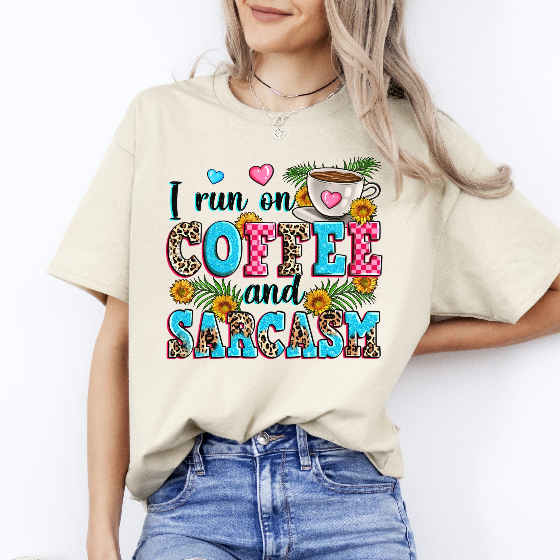 I run on coffee and sarcasm T-Shirt sarcastic coffee hearts flowers Unisex Tee Sand White Sport Grey-Sand-Family-Gift-Planet